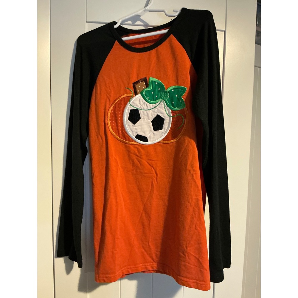 Sew Sassy Girls Orange Black Soccer Pumpkin Raglan Halloween Top Size 10
